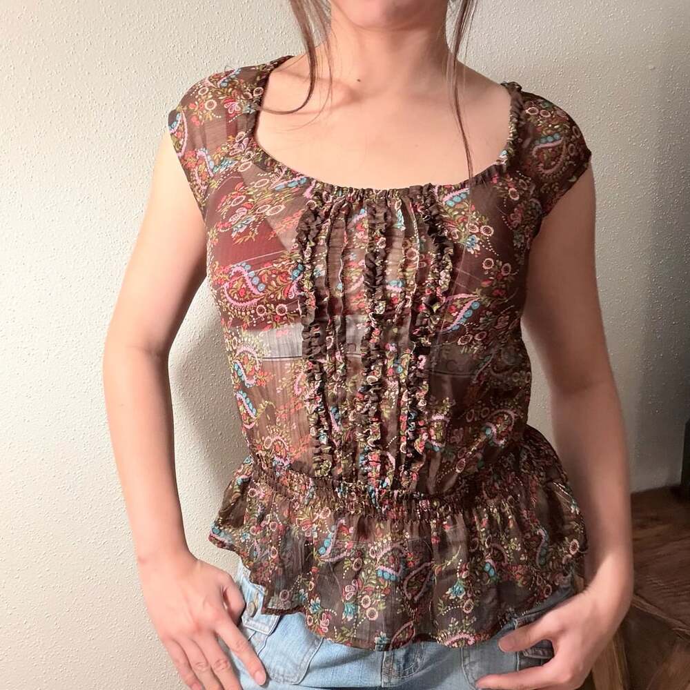 Willow & Root Floral Mesh Ruffle Top Brown Brown